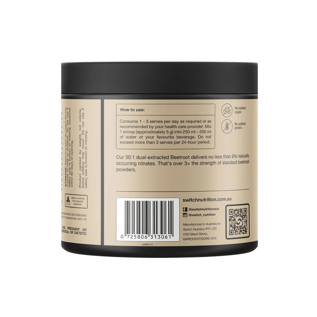 Switch Nutrition Beetroot Powder Triple Strength with 300 mg nitrate per serve.