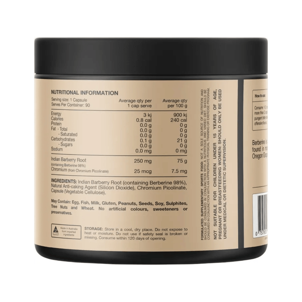 Switch Nutrition Berberine+ capsules with 97% berberine and chromium picolinate.