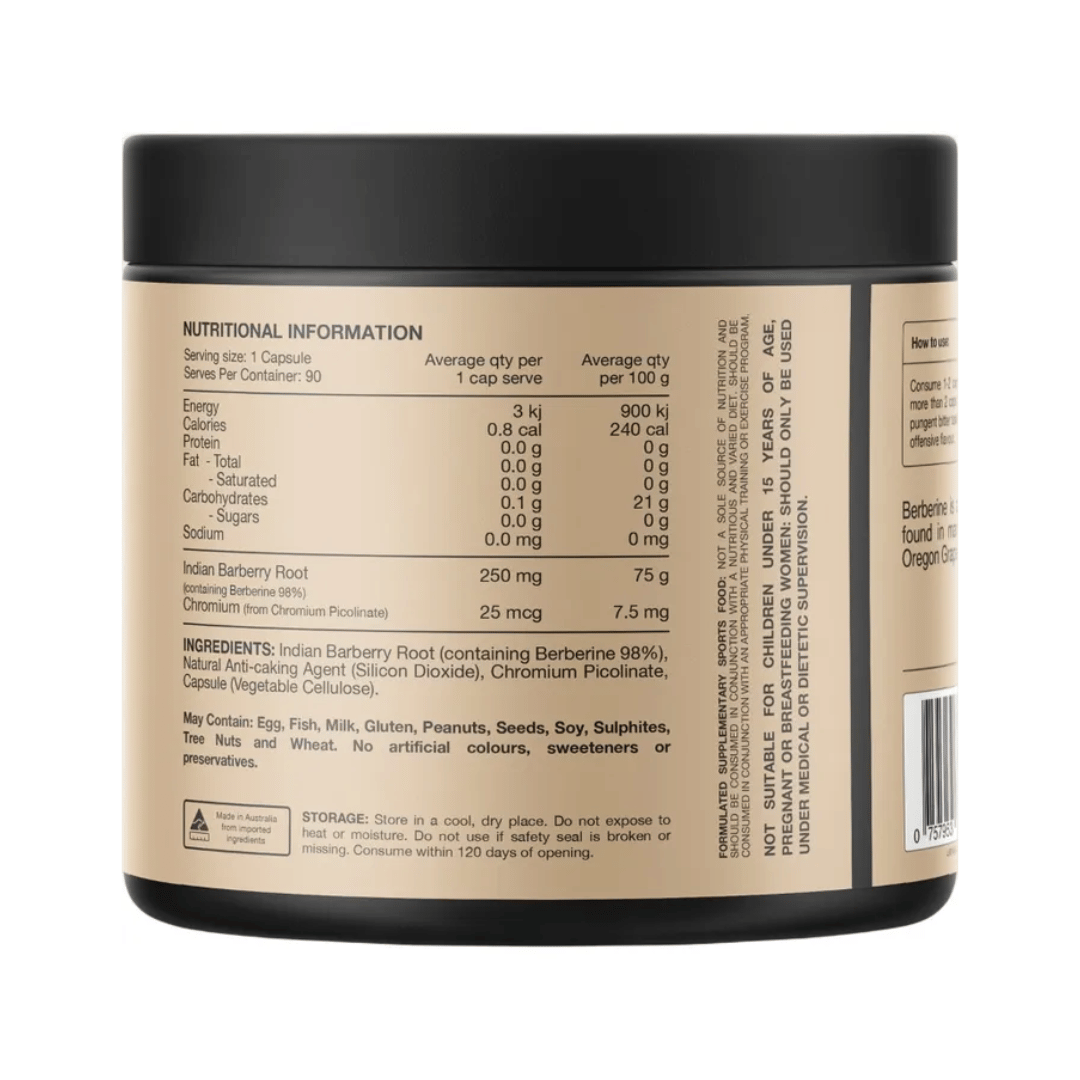 Switch Nutrition Berberine+ capsules with 97% berberine and chromium picolinate.