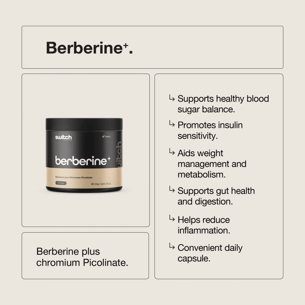 Switch Nutrition Berberine+ capsules with 97% berberine and chromium picolinate.