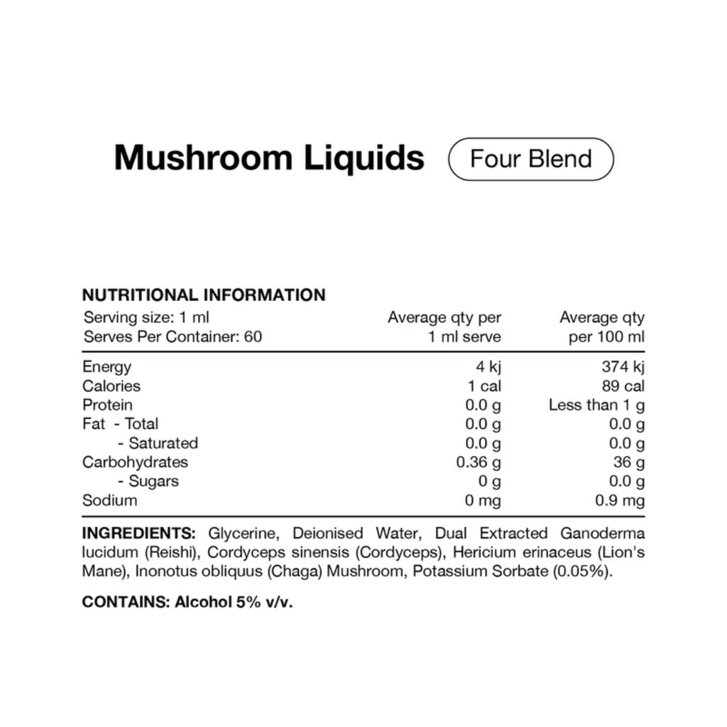 Switch Nutrition Four Blend Mushroom Liquid Extract containing Lion’s Mane, Reishi, Cordyceps and Chaga.