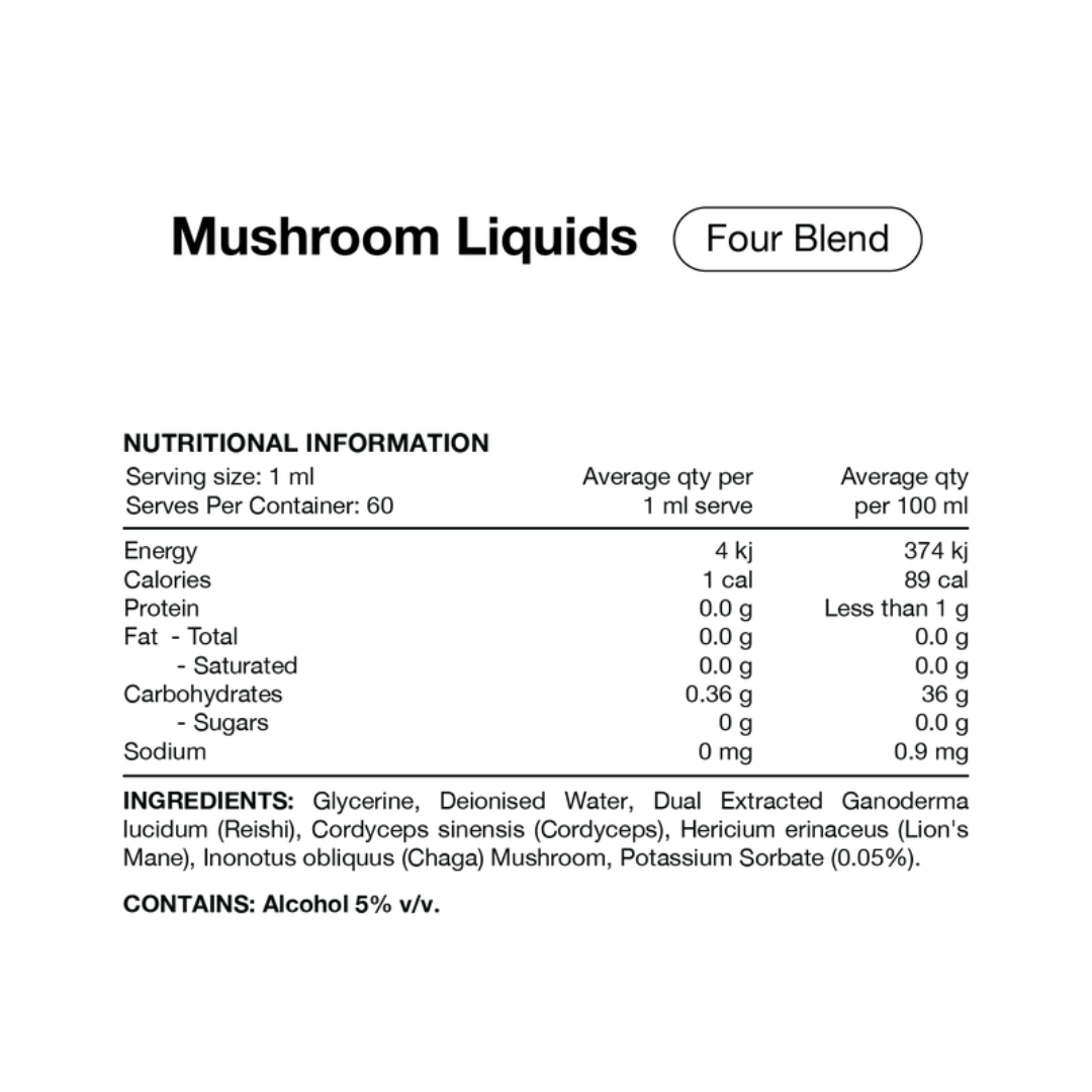 Switch Nutrition Four Blend Mushroom Liquid Extract containing Lion’s Mane, Reishi, Cordyceps and Chaga.