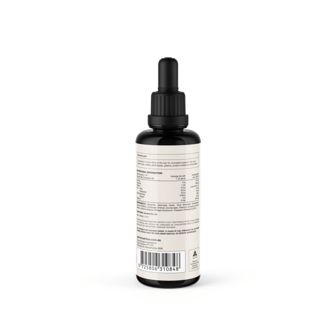 Switch Nutrition Four Blend Mushroom Liquid Extract containing Lion’s Mane, Reishi, Cordyceps and Chaga.