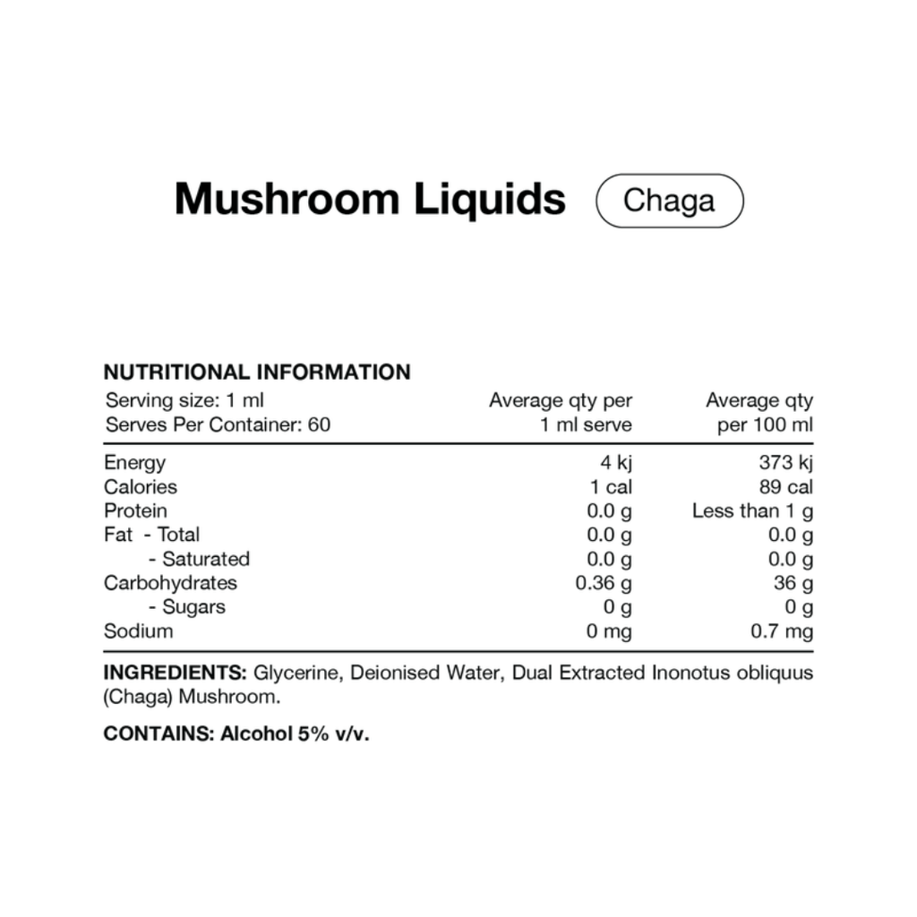 Switch Nutrition Chaga Mushroom Liquid Extract 2:1 dual-extracted Chaga fruiting body formula.