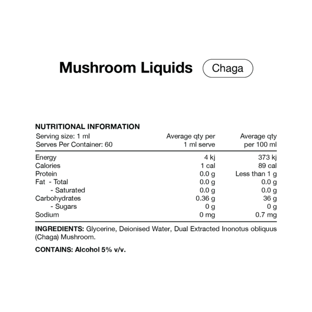 Switch Nutrition Chaga Mushroom Liquid Extract 2:1 dual-extracted Chaga fruiting body formula.