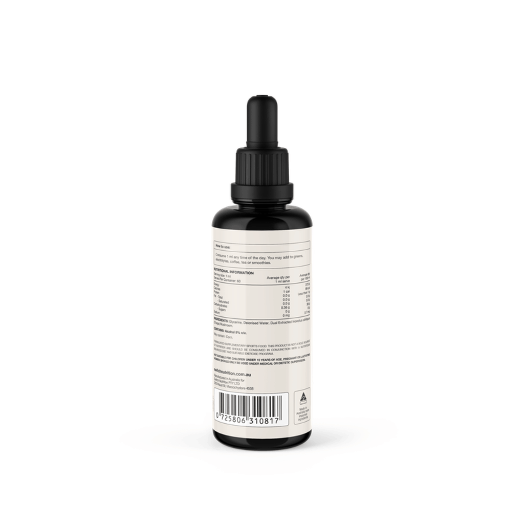 Switch Nutrition Chaga Mushroom Liquid Extract 2:1 dual-extracted Chaga fruiting body formula.