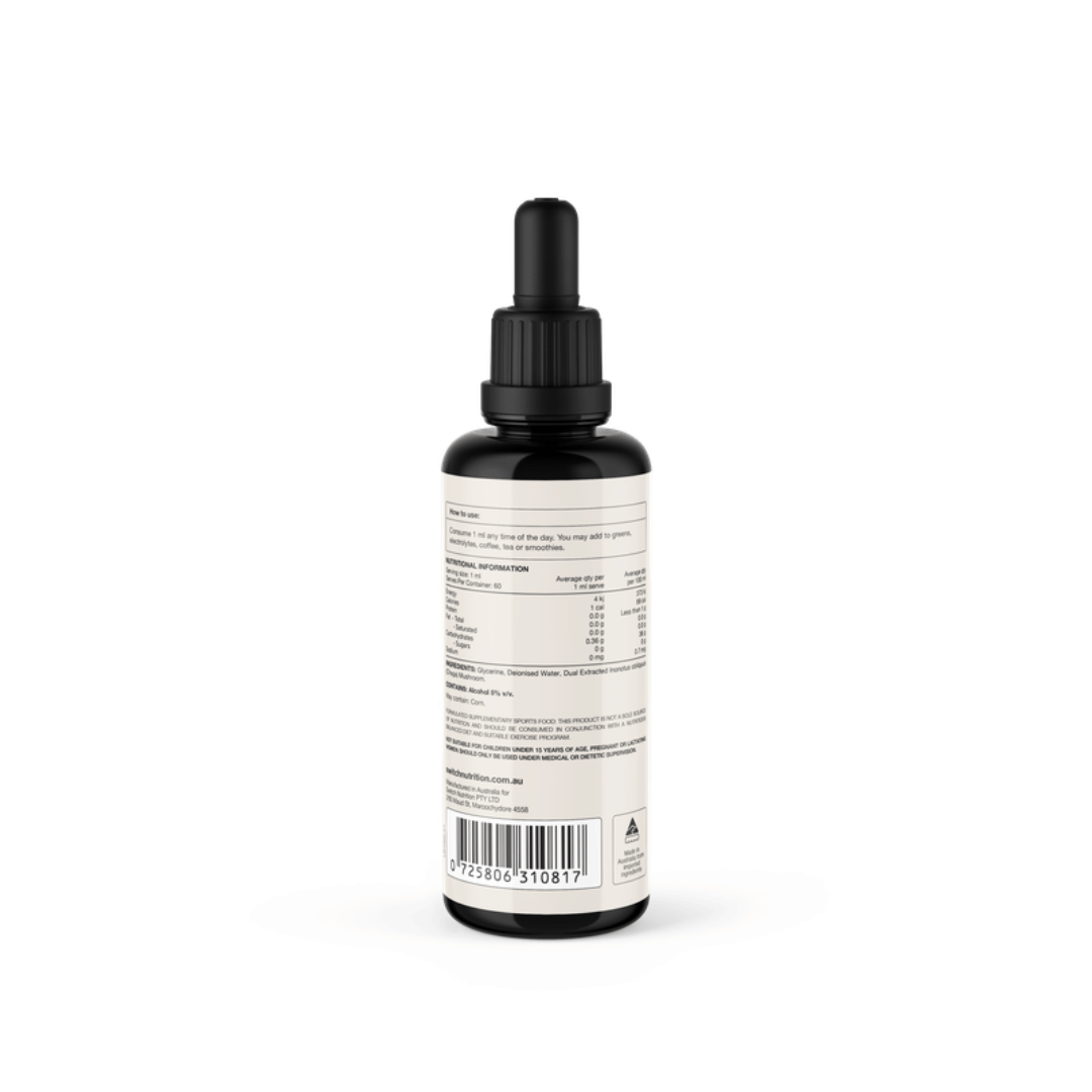 Switch Nutrition Chaga Mushroom Liquid Extract 2:1 dual-extracted Chaga fruiting body formula.