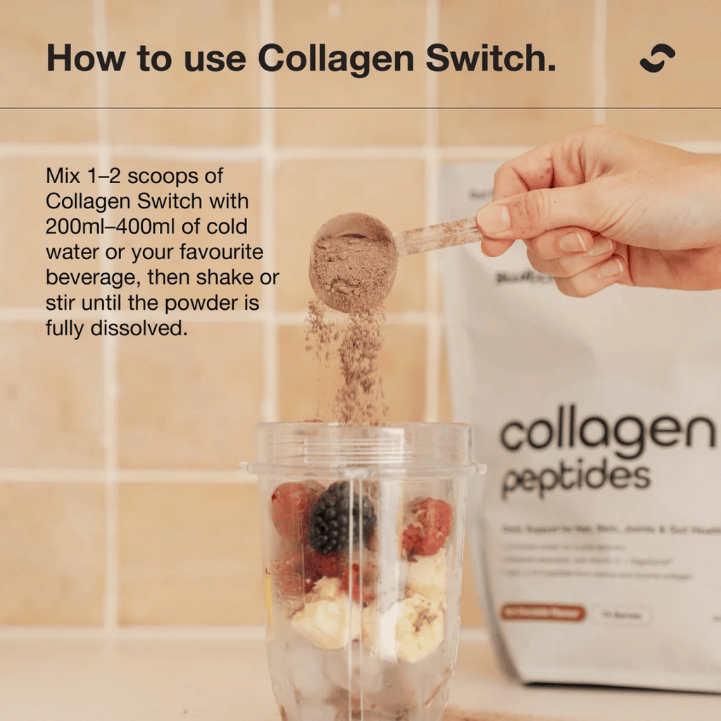 Switch Nutrition Collagen powder with marine and bovine collagen peptides, vitamin C and DigeZyme®.