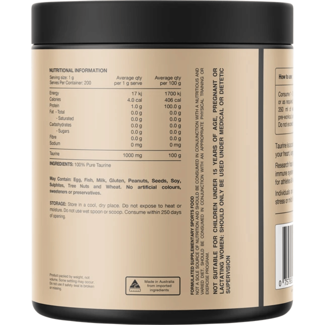 Switch Nutrition Taurine 100% pure taurine powder providing 1,000 mg per serve.