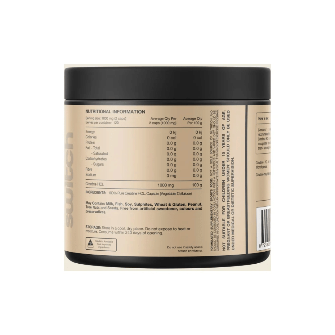 Switch Nutrition Creatine HCL capsules providing 1,000 mg creatine hydrochloride per serve.