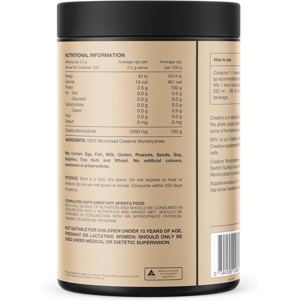 Switch Nutrition Creatine Monohydrate 100% micronised creatine powder for sports nutrition.