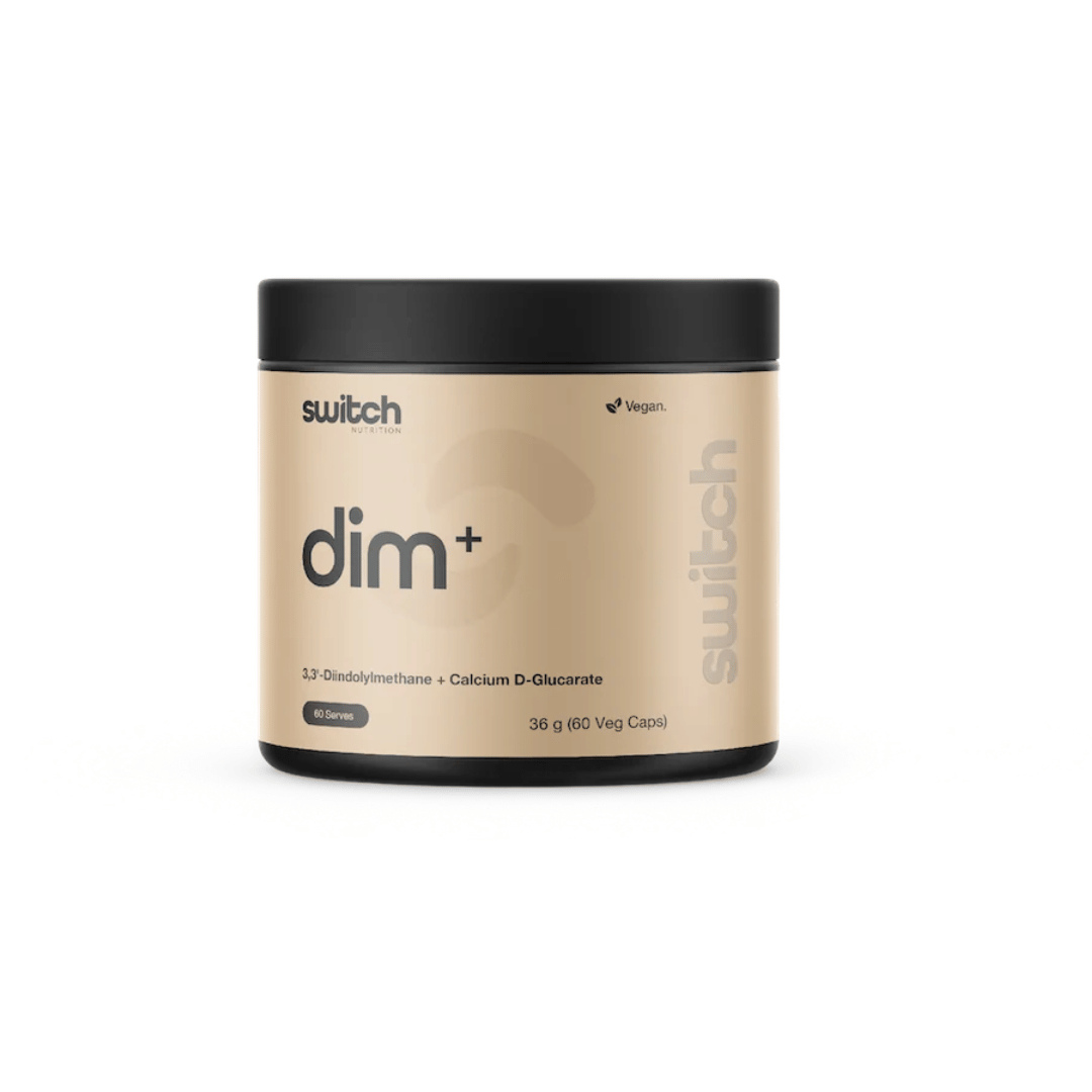 Switch Nutrition DIM+ capsules with Diindolylmethane and Calcium D-Glucarate.