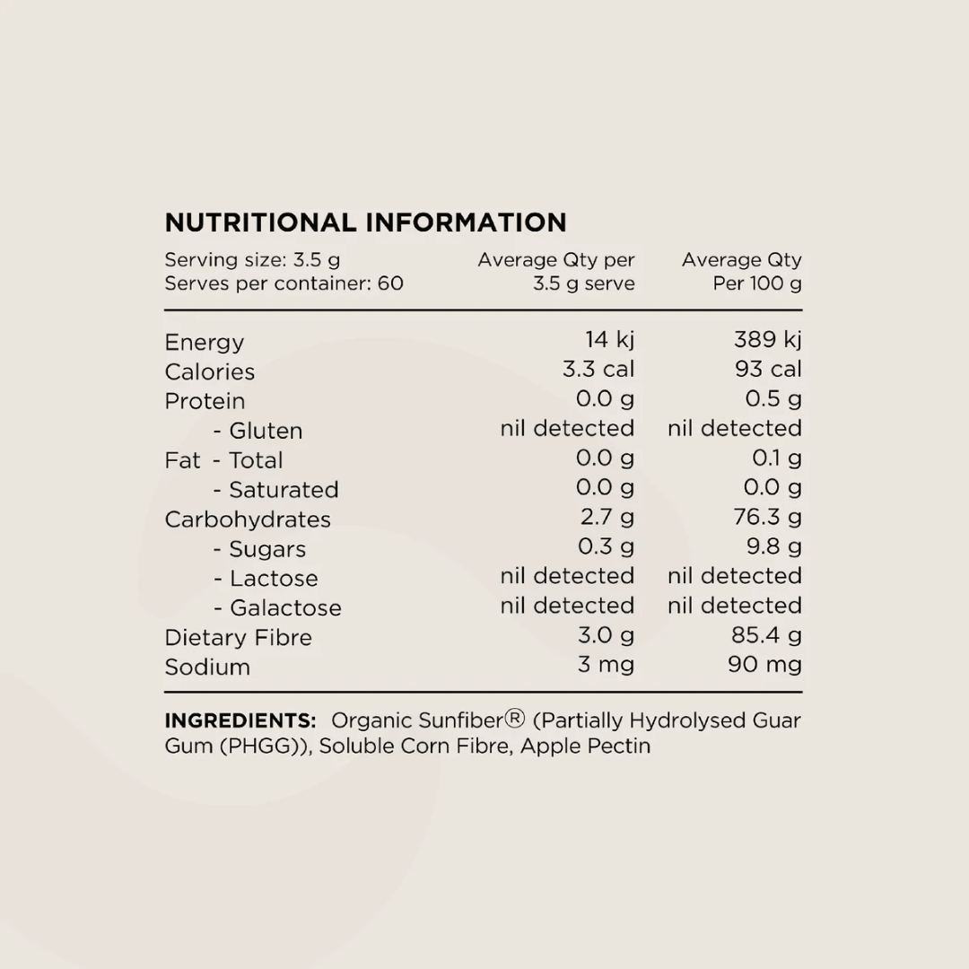 Switch Nutrition Fibre+ prebiotic fibre powder with Organic Sunfiber®, soluble corn fibre and apple pectin.