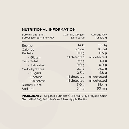 Switch Nutrition Fibre+ prebiotic fibre powder with Organic Sunfiber®, soluble corn fibre and apple pectin.