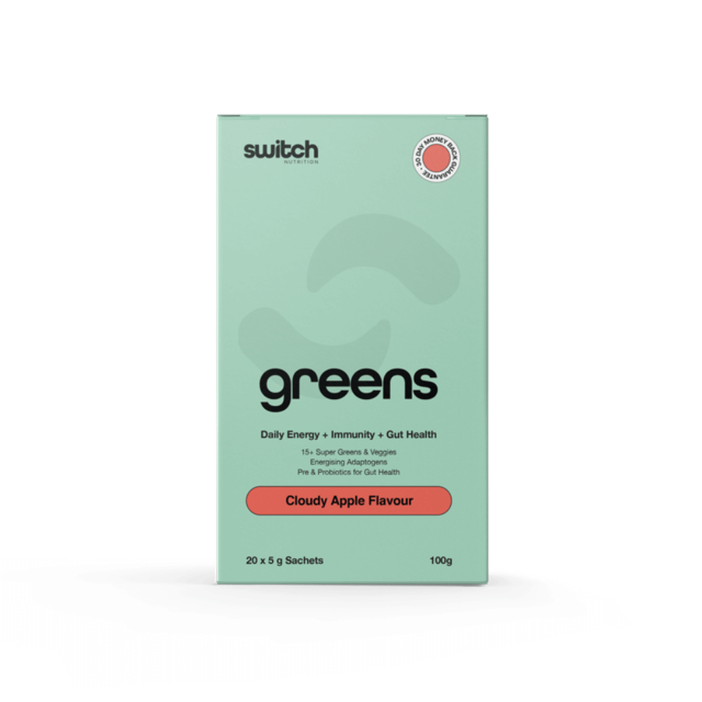 Switch Nutrition Greens daily super greens powder with probiotics, vitamins and functional ingredients.