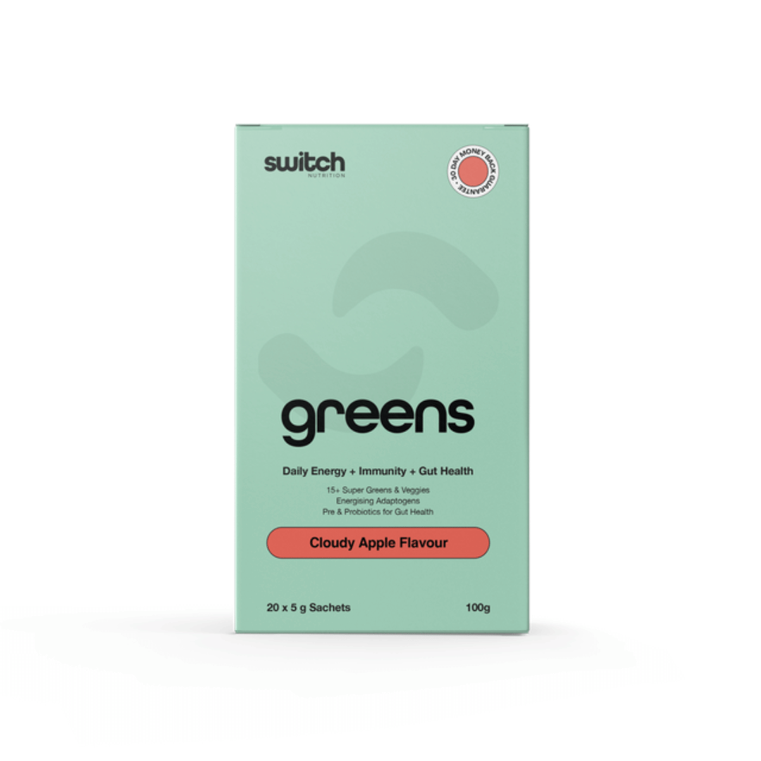 Switch Nutrition Greens daily super greens powder with probiotics, vitamins and functional ingredients.