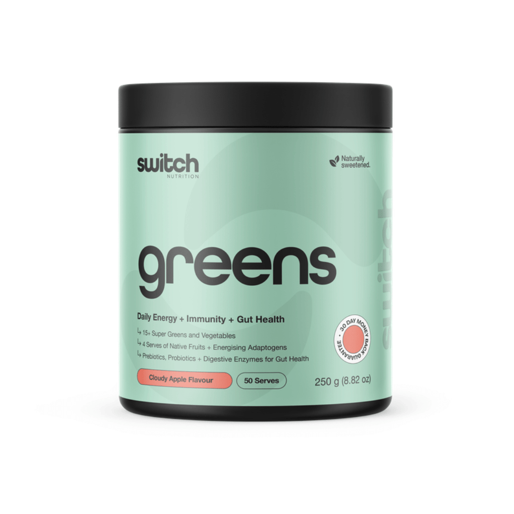 Switch Nutrition Greens daily super greens powder with probiotics, vitamins and functional ingredients.