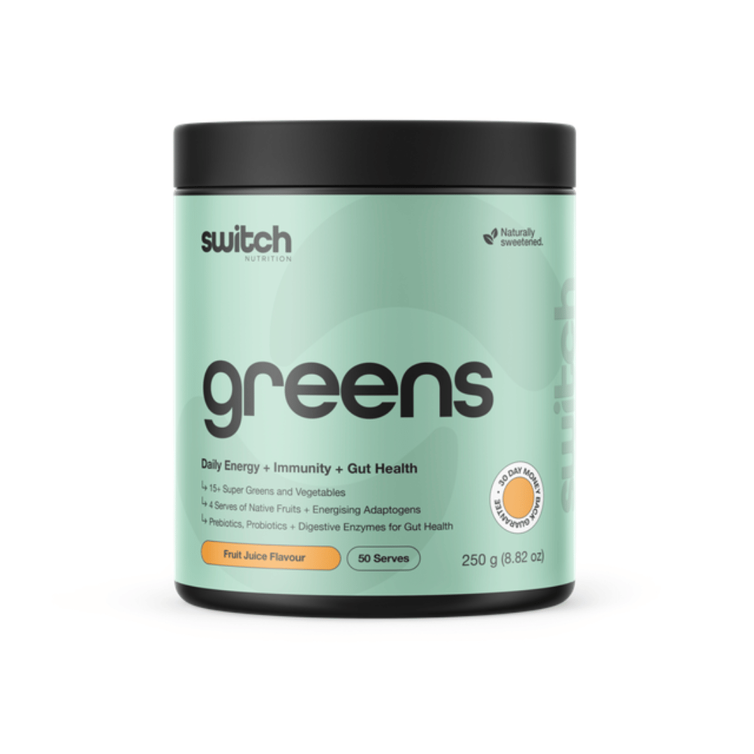 Switch Nutrition Greens daily super greens powder with probiotics, vitamins and functional ingredients.