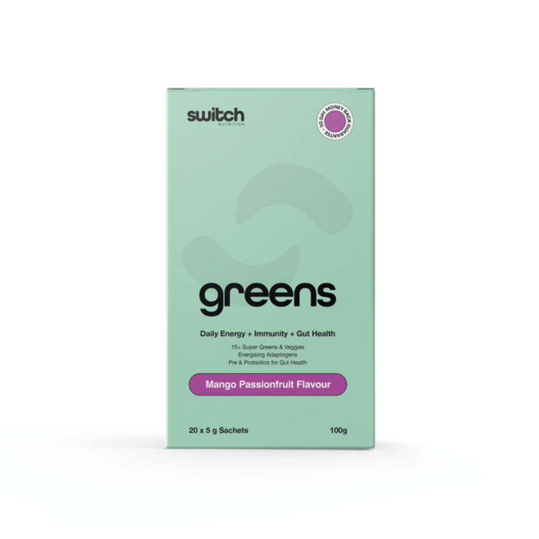 Switch Nutrition Greens daily super greens powder with probiotics, vitamins and functional ingredients.