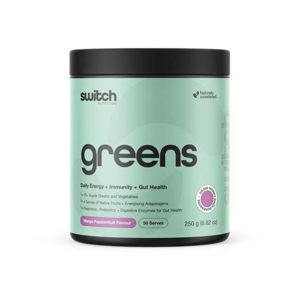 Switch Nutrition Greens daily super greens powder with probiotics, vitamins and functional ingredients.