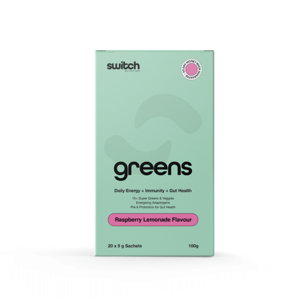 Switch Nutrition Greens daily super greens powder with probiotics, vitamins and functional ingredients.