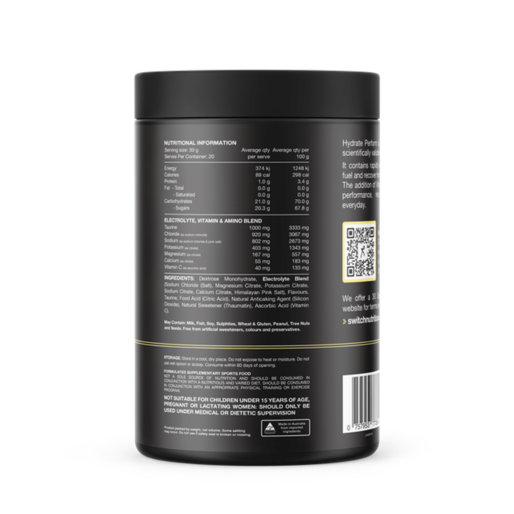 Switch Nutrition Hydrate Perform carbohydrate and electrolyte powder for endurance and hydration.