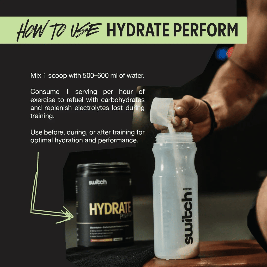 Switch Nutrition Hydrate Perform carbohydrate and electrolyte powder for endurance and hydration.