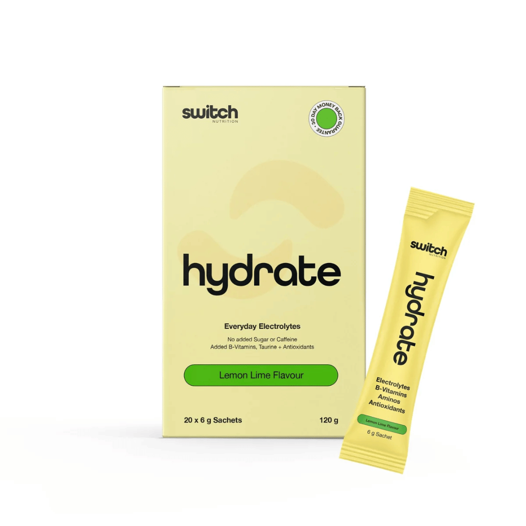Switch Nutrition Hydrate electrolyte powder with five essential electrolytes, taurine and vitamins.