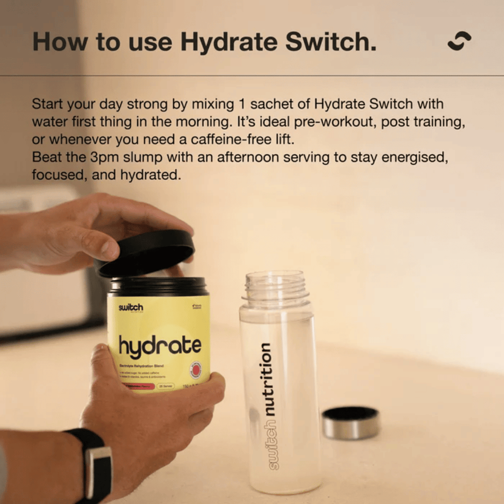 Switch Nutrition Hydrate electrolyte powder with five essential electrolytes, taurine and vitamins.