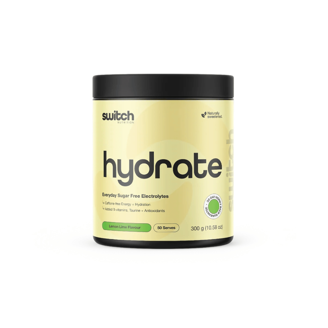 Switch Nutrition Hydrate electrolyte powder with five essential electrolytes, taurine and vitamins.