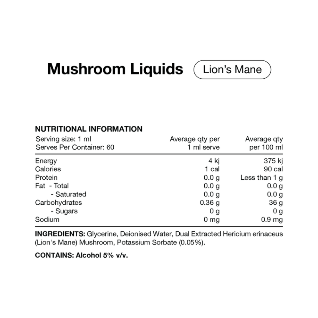 Switch Nutrition Lion’s Mane Mushroom Liquid Extract 2:1 dual-extracted fruiting body formula in Miron glass bottle.