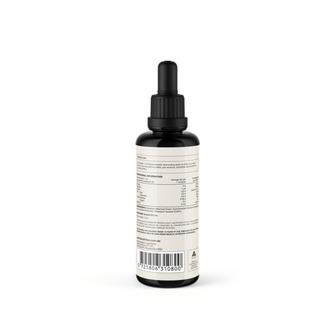 Switch Nutrition Lion’s Mane Mushroom Liquid Extract 2:1 dual-extracted fruiting body formula in Miron glass bottle.