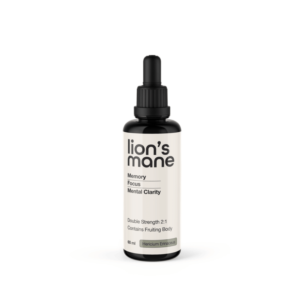 Switch Nutrition Lion’s Mane Mushroom Liquid Extract 2:1 dual-extracted fruiting body formula in Miron glass bottle.