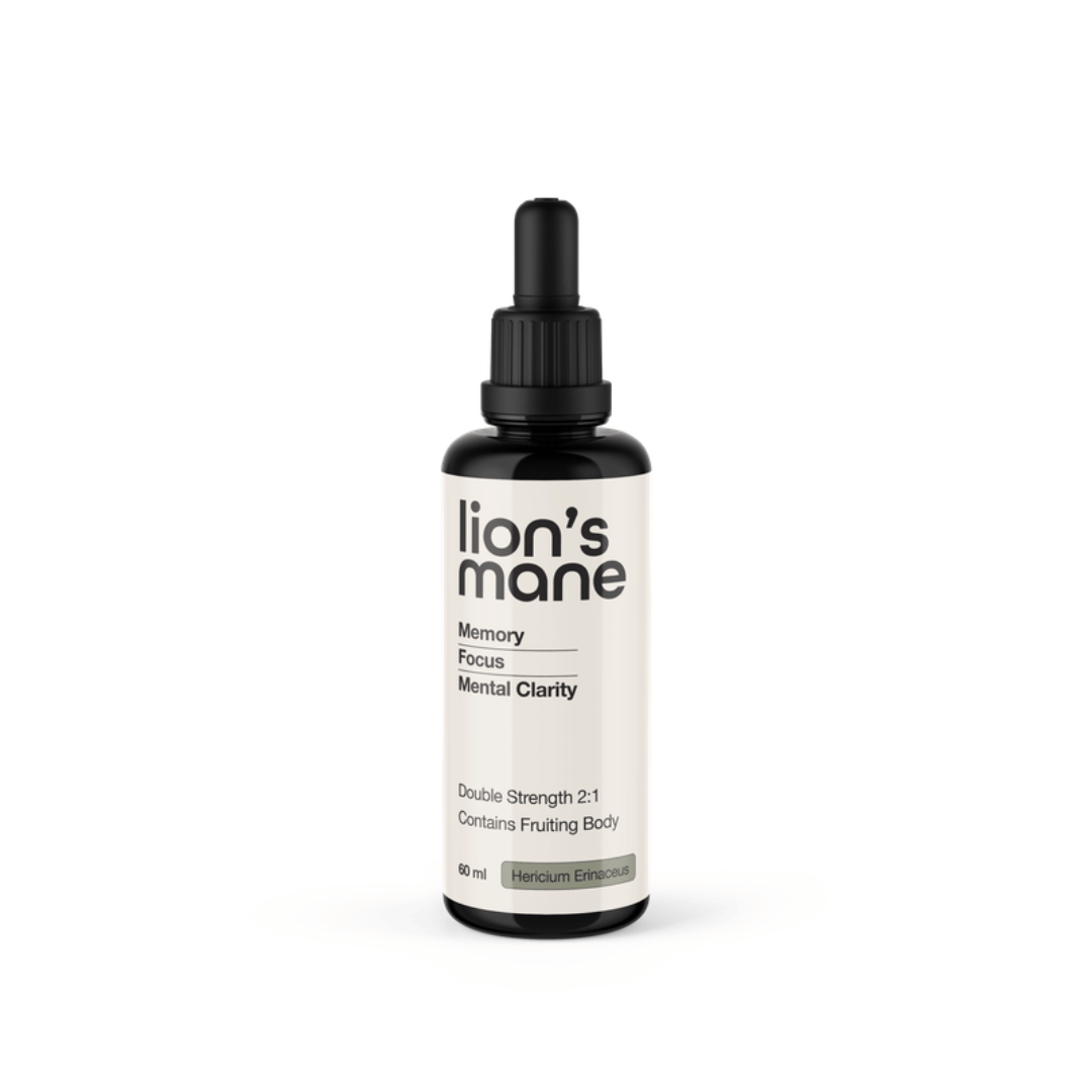 Switch Nutrition Lion’s Mane Mushroom Liquid Extract 2:1 dual-extracted fruiting body formula in Miron glass bottle.
