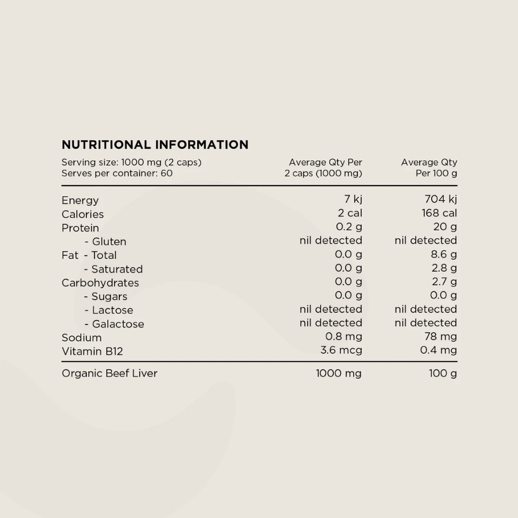 Switch Nutrition Organic Beef Liver capsules made from Australian grass-fed organic beef liver.