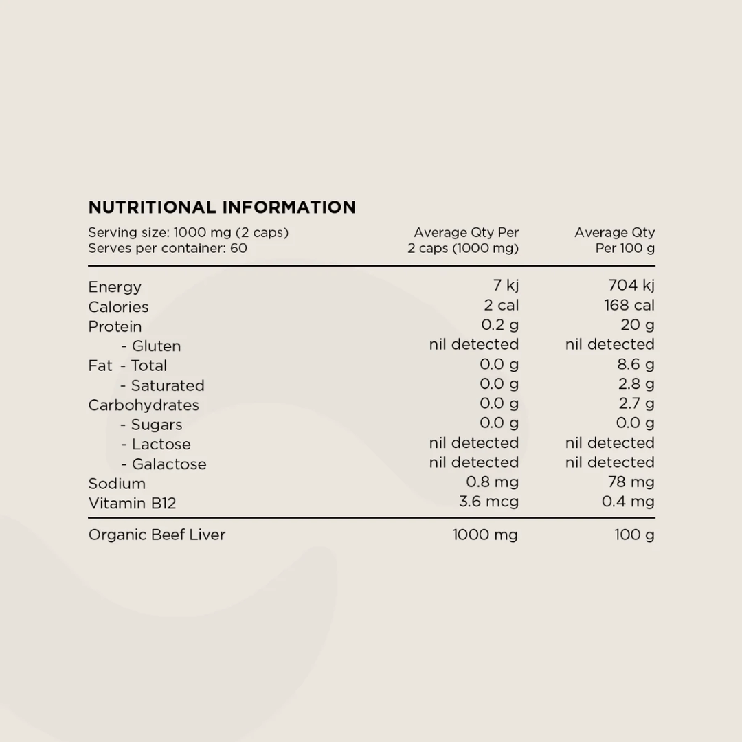 Switch Nutrition Organic Beef Liver capsules made from Australian grass-fed organic beef liver.