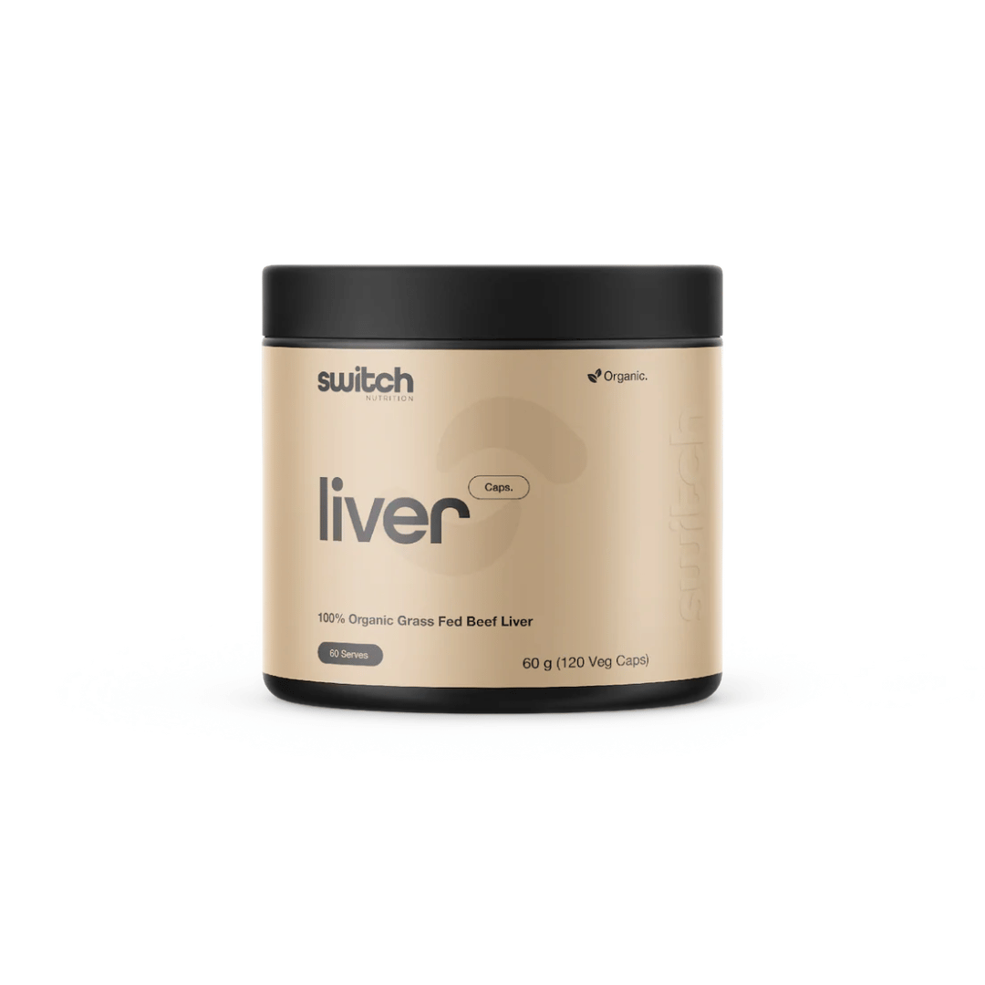 Switch Nutrition Organic Beef Liver capsules made from Australian grass-fed organic beef liver.