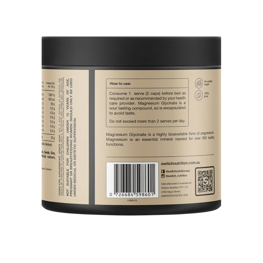 Switch Nutrition Magnesium Glycinate capsules providing 300 mg elemental magnesium per serve.