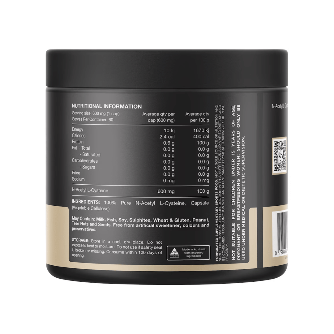 Switch Nutrition NAC Capsules providing 600 mg of pure N-acetyl L-cysteine per capsule.