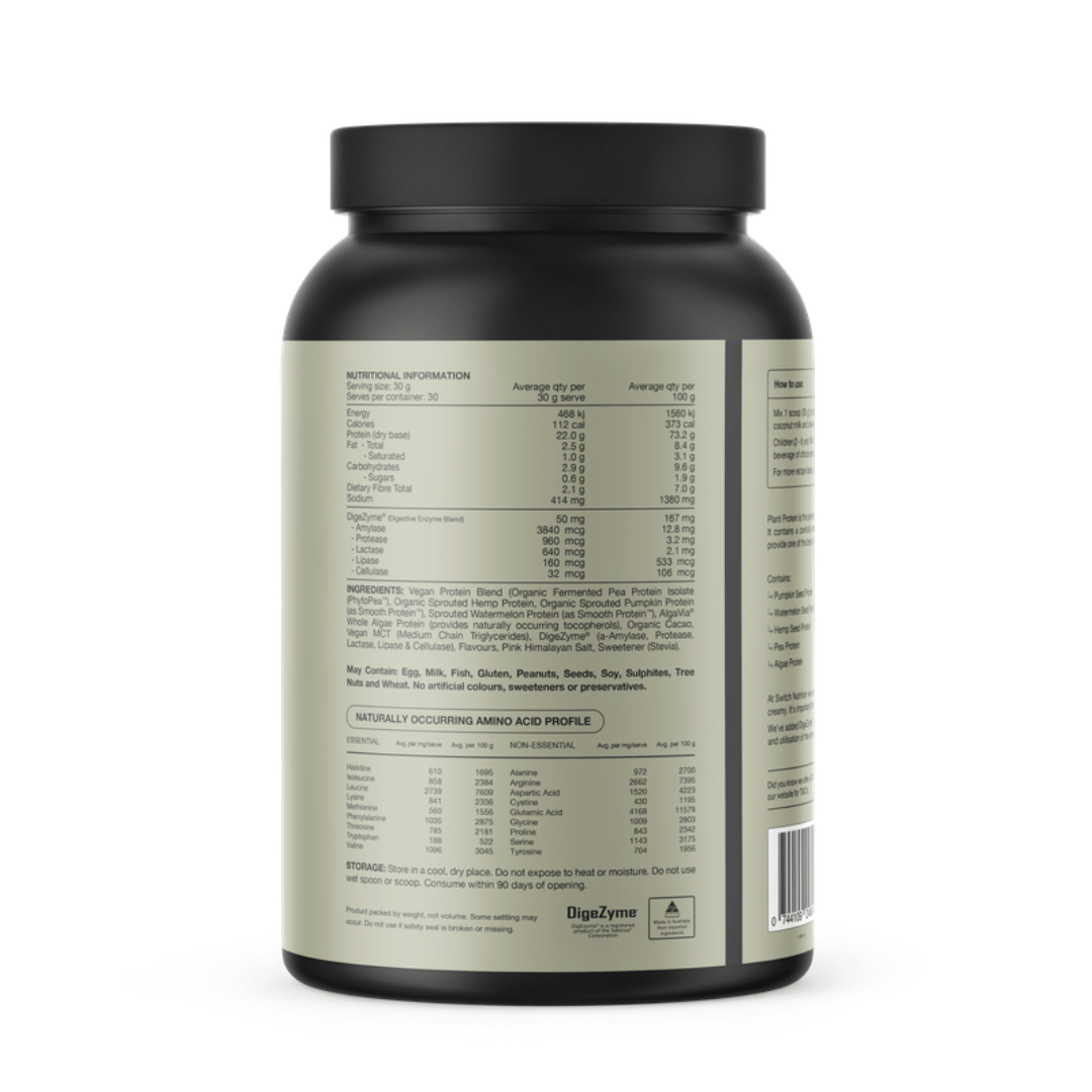 Switch Nutrition Plant Protein vegan protein powder with organic plant proteins and DigeZyme® digestive enzymes.