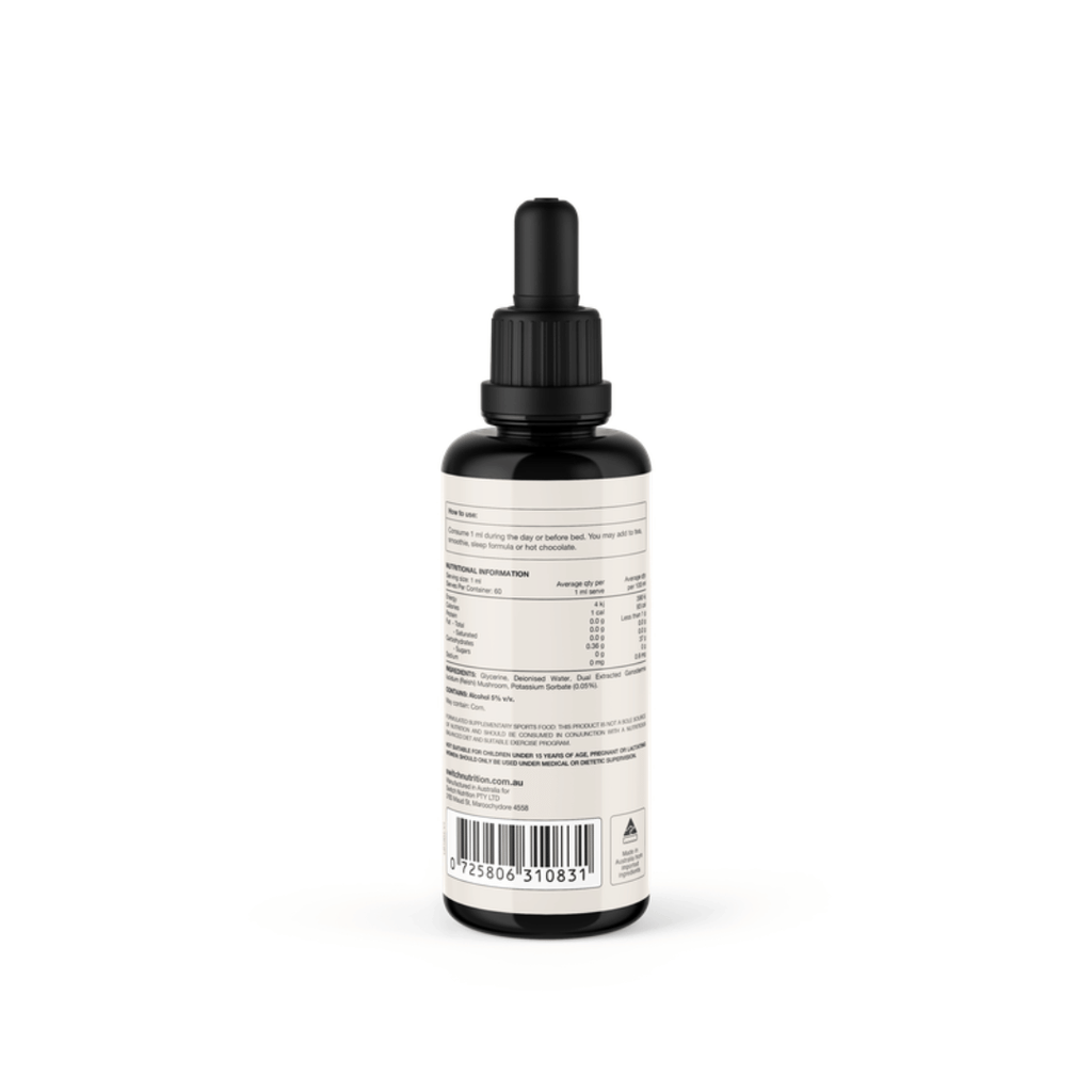 Switch Nutrition Reishi Mushroom Liquid Extract 2:1 dual-extracted fruiting body formula in Miron glass bottle.