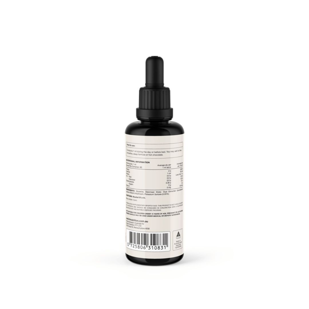 Switch Nutrition Reishi Mushroom Liquid Extract 2:1 dual-extracted fruiting body formula in Miron glass bottle.