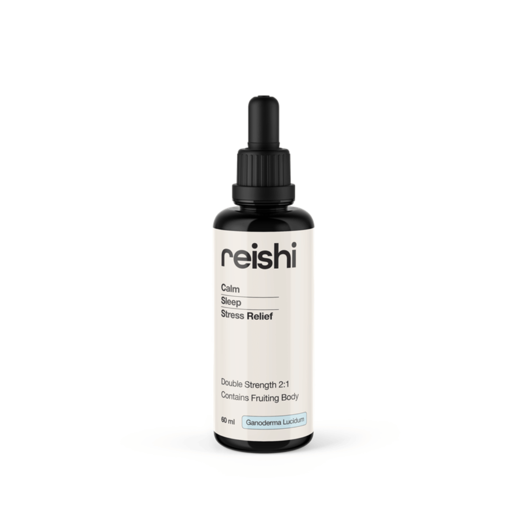 Switch Nutrition Reishi Mushroom Liquid Extract 2:1 dual-extracted fruiting body formula in Miron glass bottle.