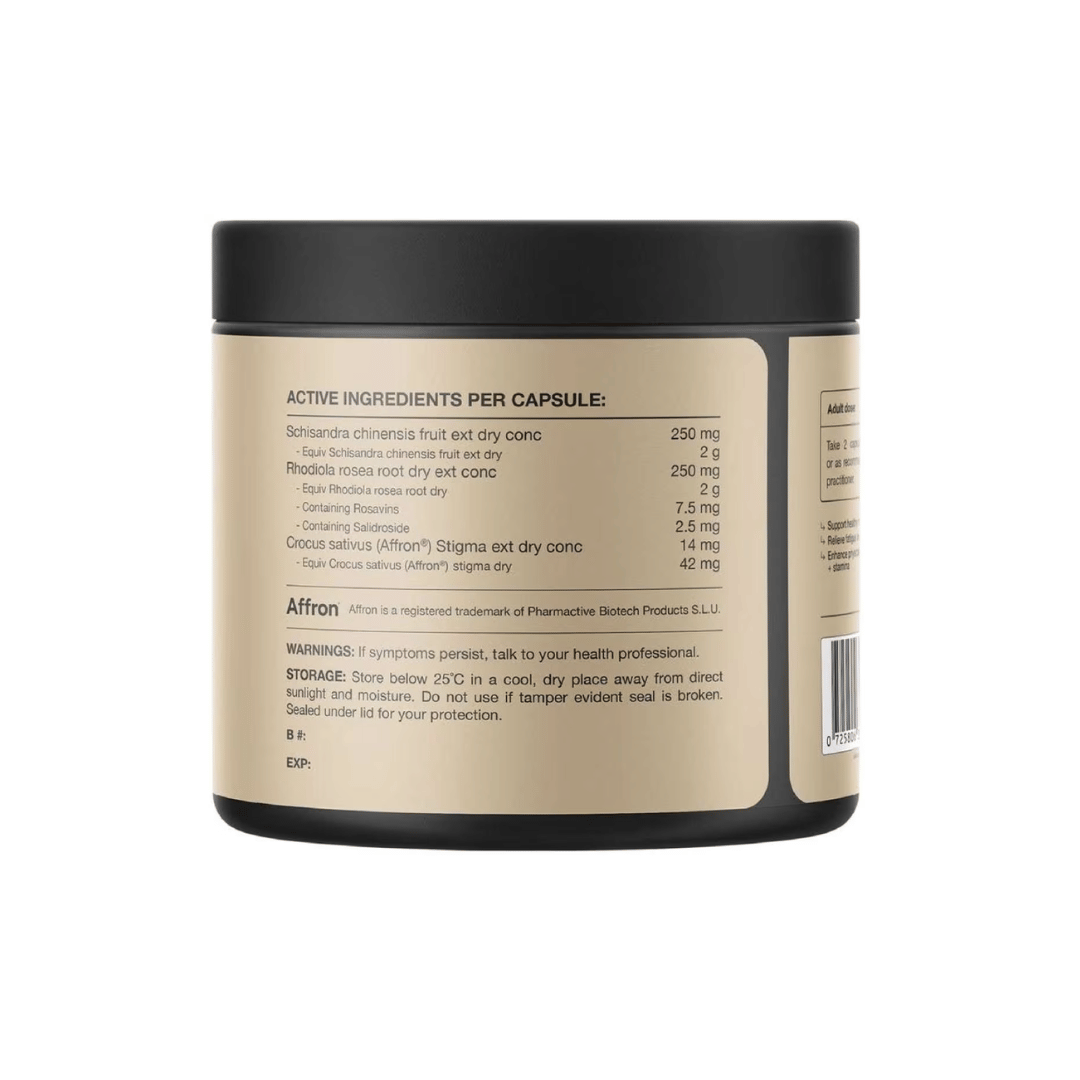 Switch Nutrition Saffron + Rhodiola capsules with saffron, Rhodiola and Schisandra botanical extracts.