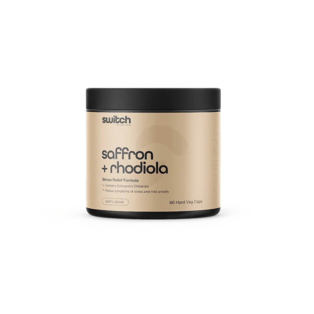 Switch Nutrition Saffron + Rhodiola capsules with saffron, Rhodiola and Schisandra botanical extracts.