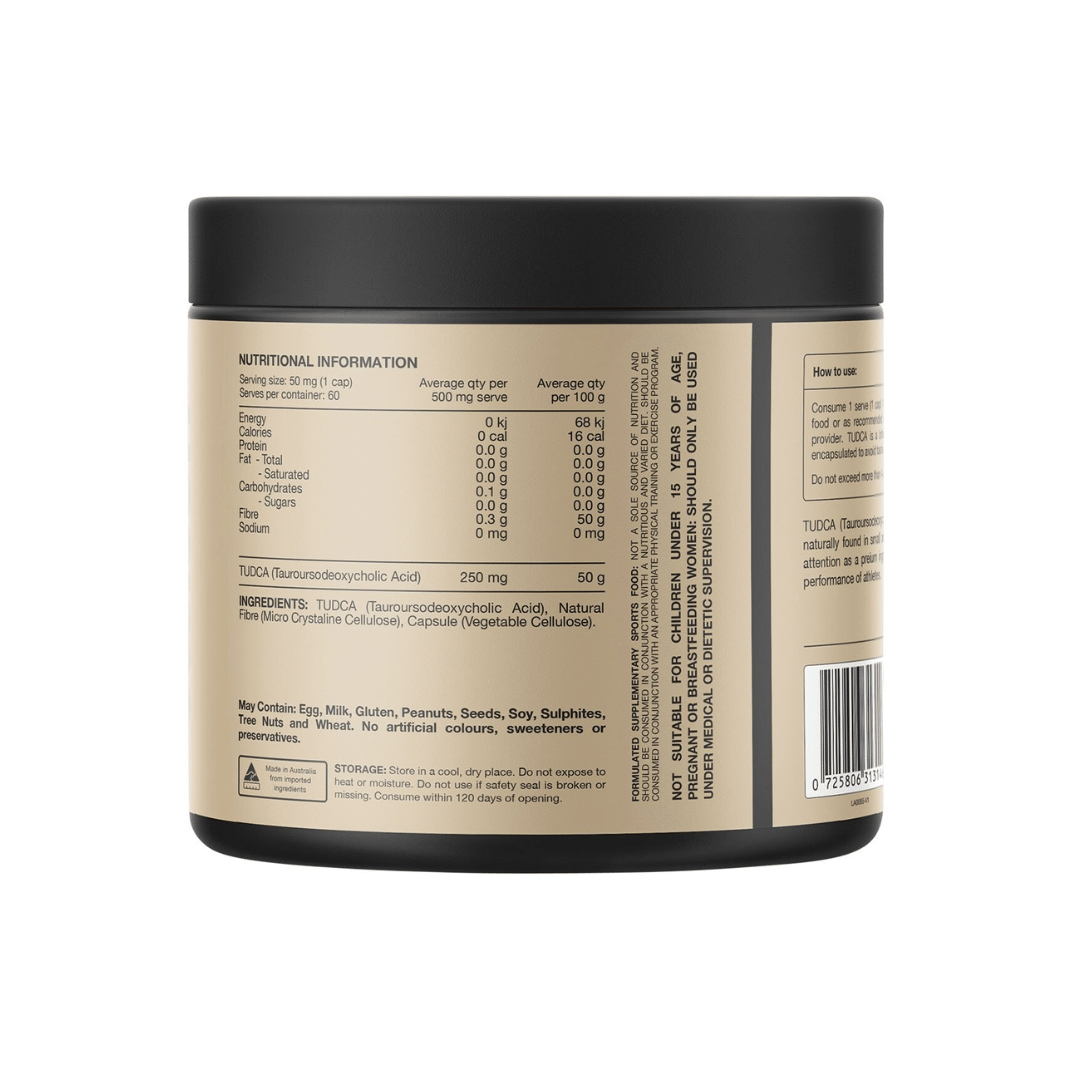 Switch Nutrition TUDCA capsules containing 250 mg tauroursodeoxycholic acid per capsule.