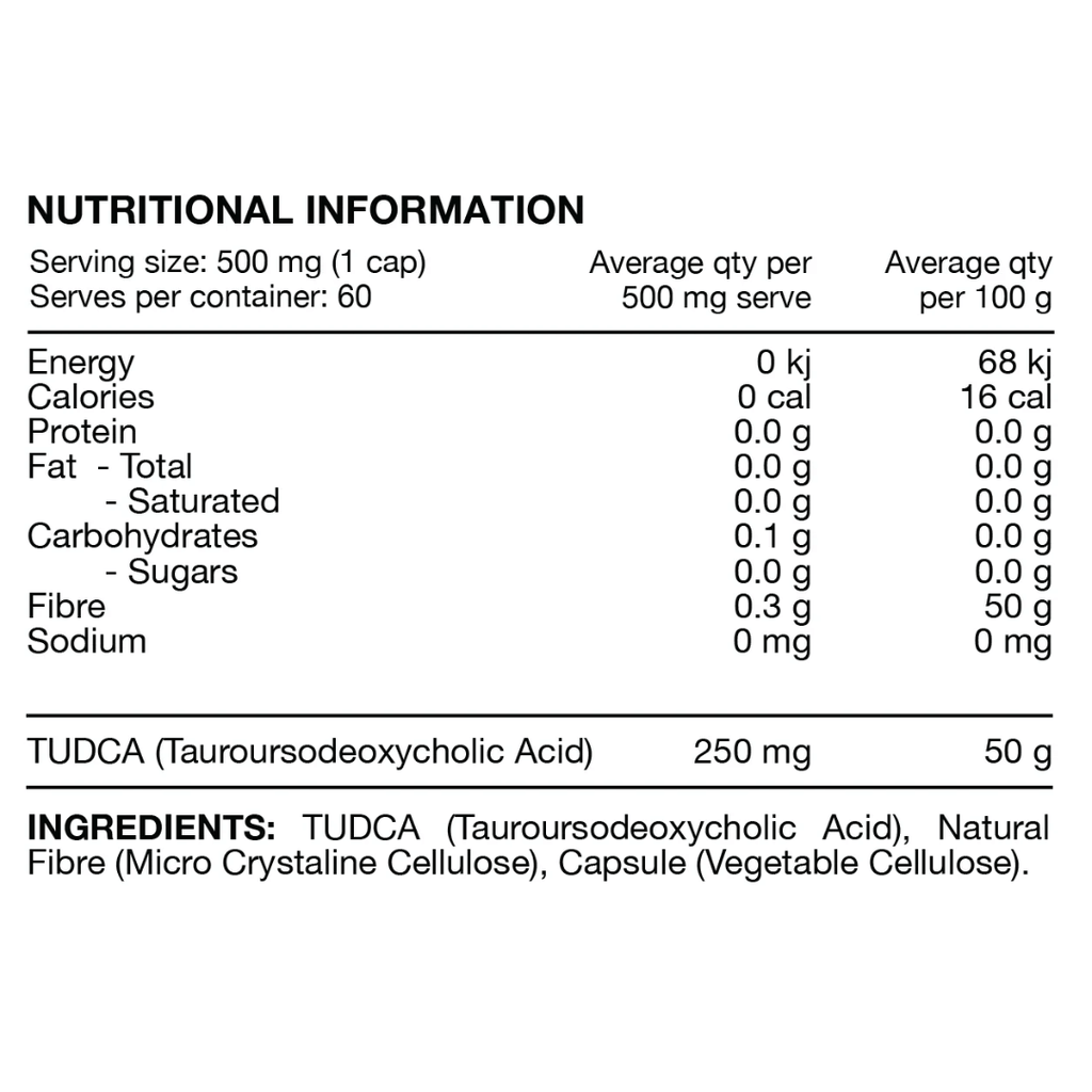 Switch Nutrition TUDCA capsules containing 250 mg tauroursodeoxycholic acid per capsule.