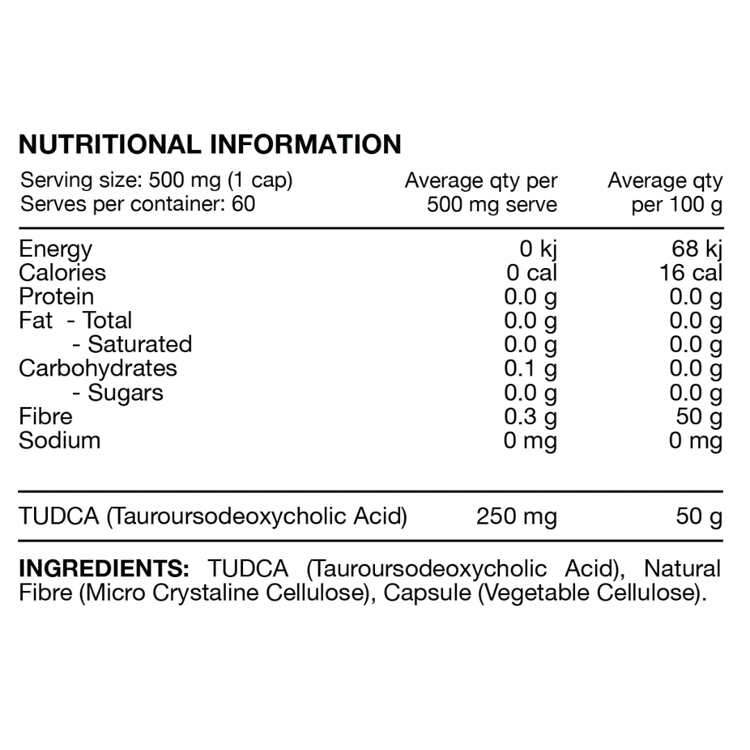 Switch Nutrition TUDCA capsules containing 250 mg tauroursodeoxycholic acid per capsule.