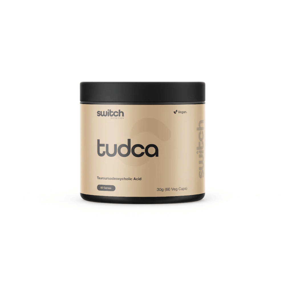 Switch Nutrition TUDCA capsules containing 250 mg tauroursodeoxycholic acid per capsule.