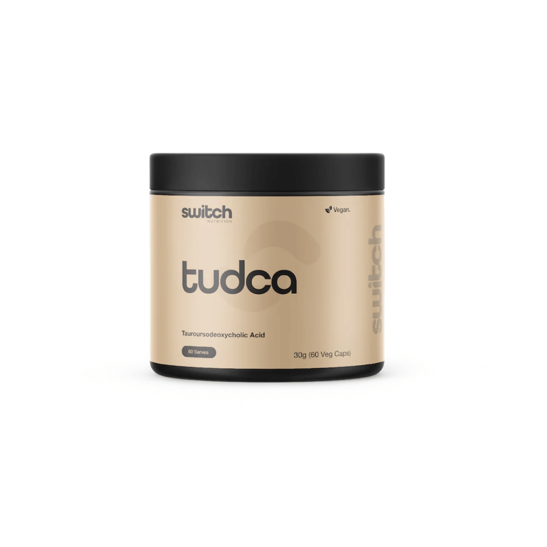 Switch Nutrition TUDCA capsules containing 250 mg tauroursodeoxycholic acid per capsule.